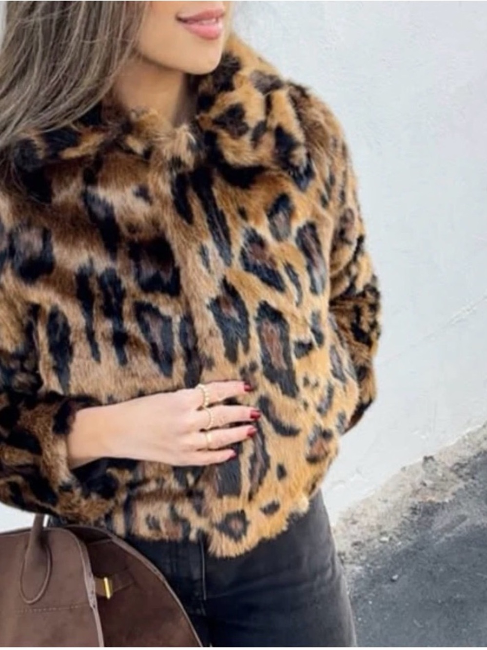 NWT H&M Fluffy Faux Fur Short Jacket Dark Beige / Leopard Print Size M - Picture 3 of 4
